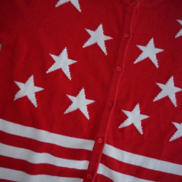 Vintage Crystal Kobe Red w White Stars Patriotic Flag Knit Button Up Cardigan Xl - Picture 8 of 11